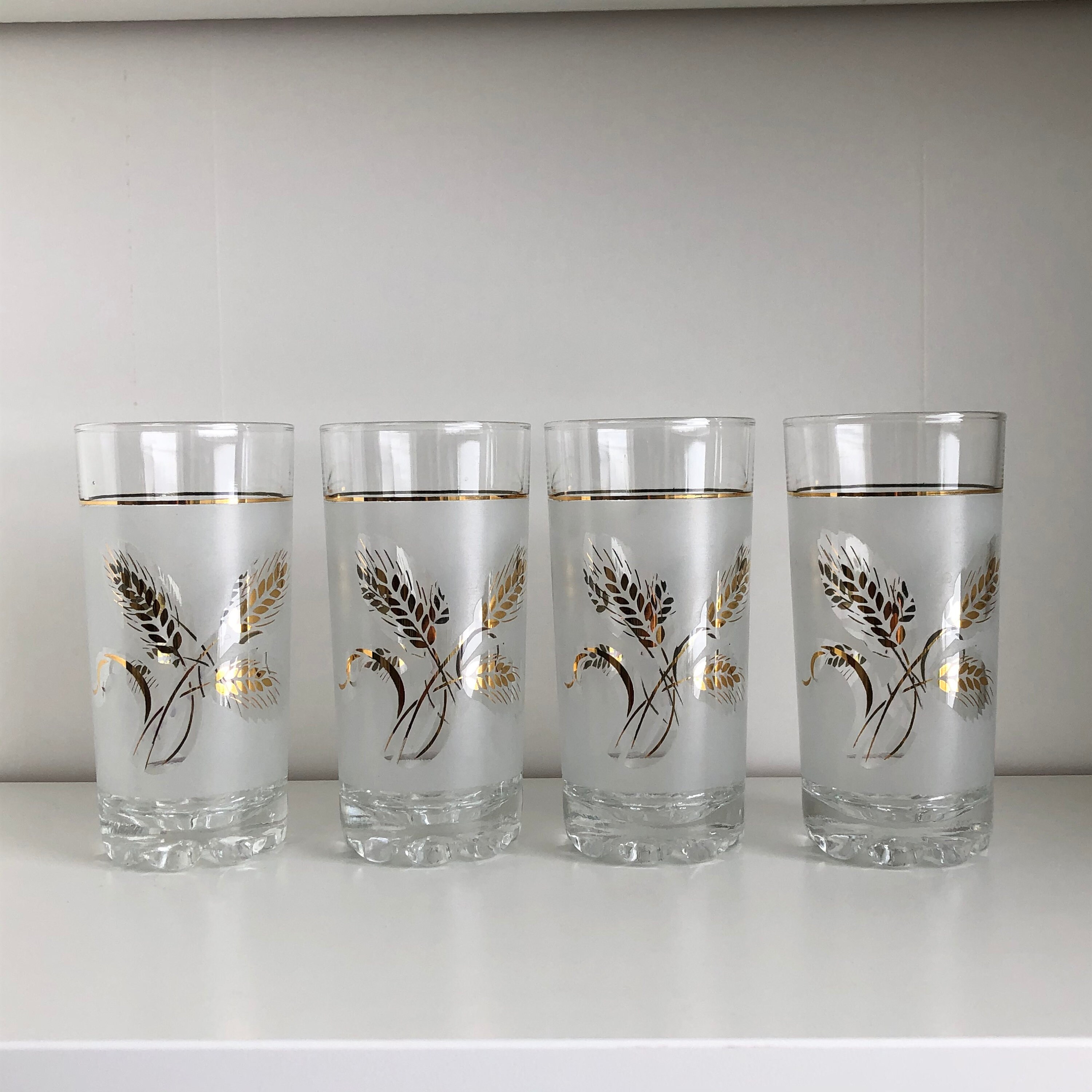 Vintage Covetro Italian Frosted Glasses set of 3 1950s chic water glasses or tumblers with Golden Wheat Stalks