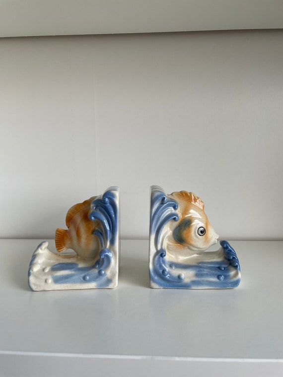 Tropical Fish Bookends Vintage Anthropomorphic Hand Painted Fish