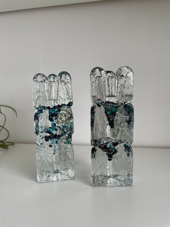Sculpted Ice Candlestick Holders Pair of Canadian Art Glass Etsy