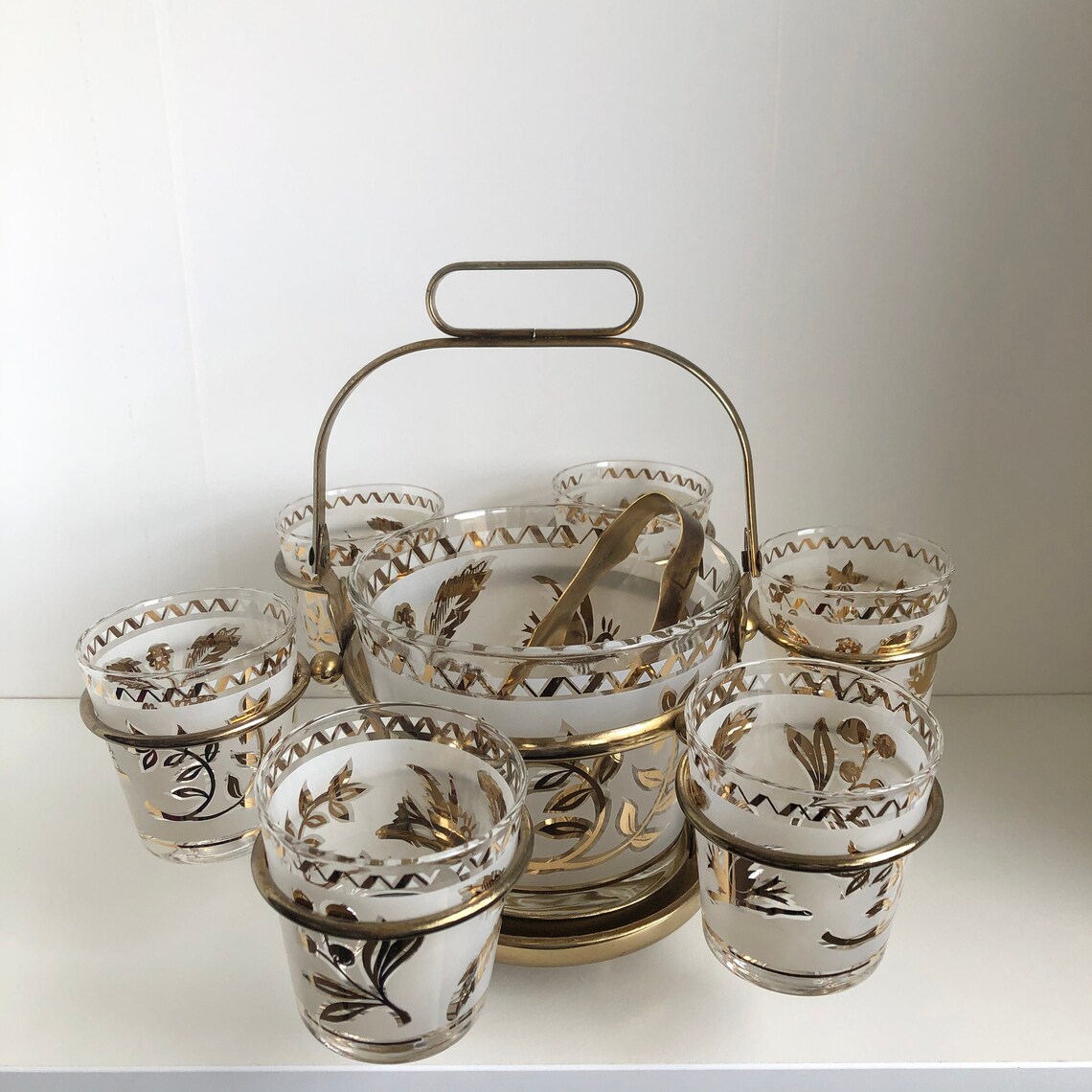 Vintage Ice Bucket & Glasses Caddy Set Gold / Frosted Glass Etsy