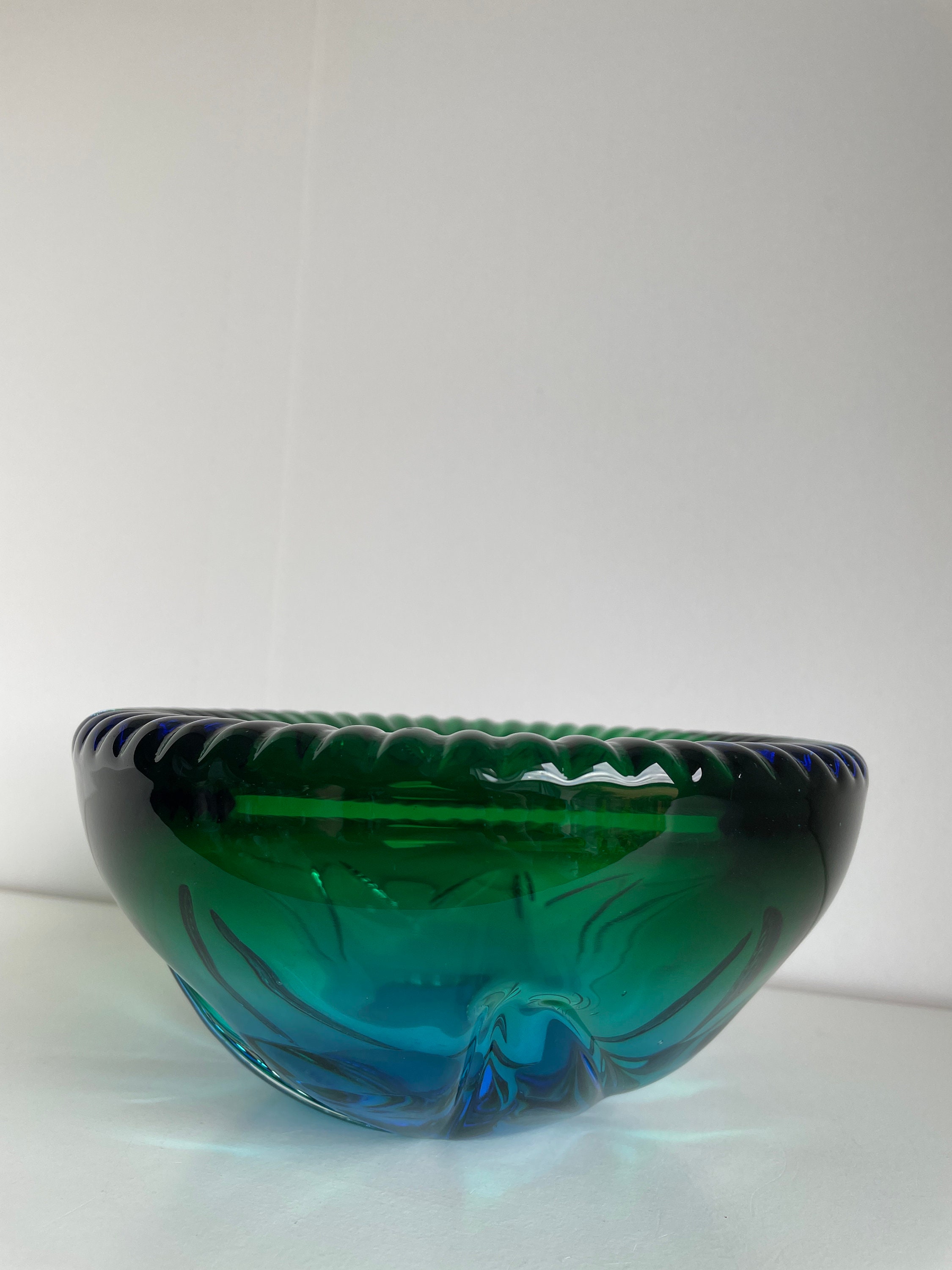 Blue Mid Century Art Glass Bowl - Vintage Blue & Green Fade
