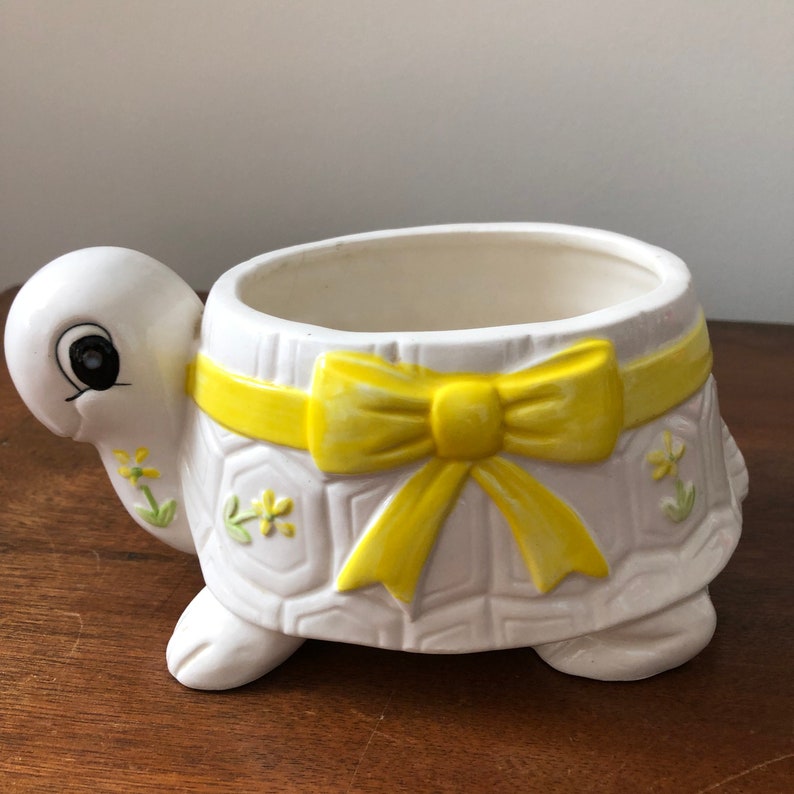 Japan Nursery Planter Vintage Anthropomorphic Turtle With Yellow Bow Planter