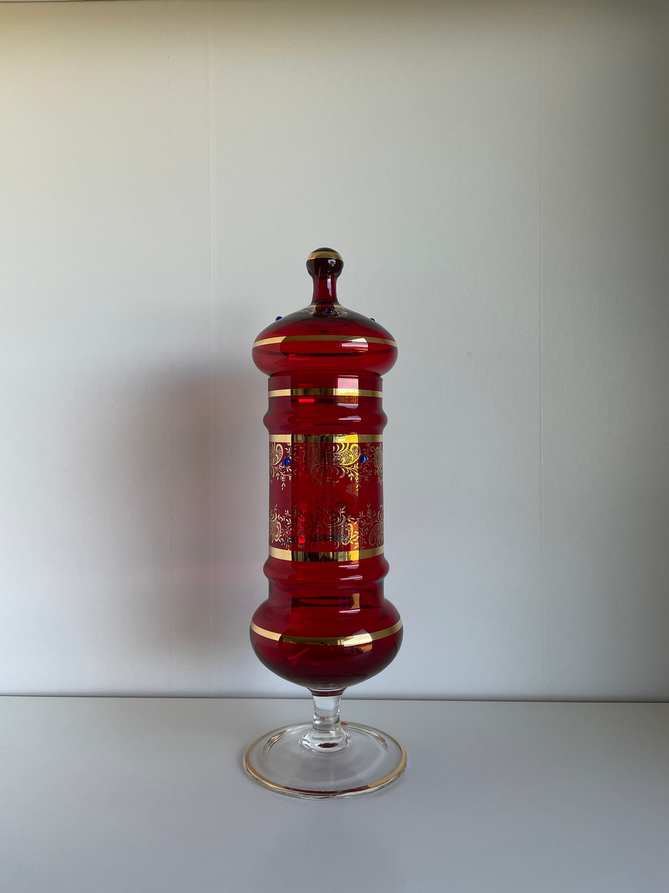 Ruby & Gold Empoli Glass Apothecary Jar - Vintage Mid Century Green Ruby Red 22kt Hand Decorated Florentine Glass Lidded Compote Jar