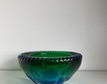 Blue Mid Century Art Glass Bowl - Vintage Blue & Green Fade