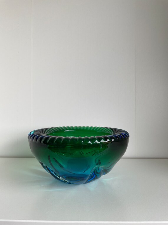 Blue Mid Century Art Glass Bowl - Vintage Blue & Green Fade