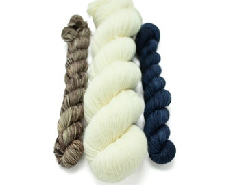 Sock Yarn Set, Hand Dyed, Speckled, Superwash Merino Nylon Fingering 100g and two 20g, Staple Sock - Undyed, Brown, Deep Sea Sock Set