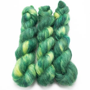 Mohair Silk Yarn, Hand Dyed, Speckled, Kid Silk Lace Weight, Brushed Mohair 50 g, Dandelion Mohair - Emerald