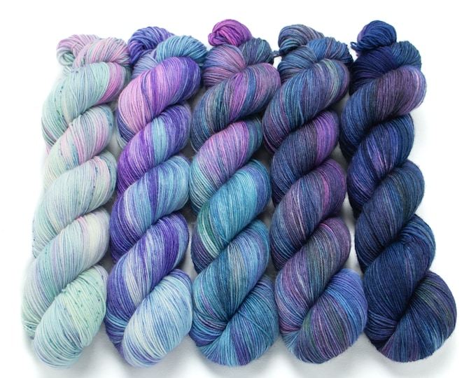 Featured listing image: 5 Skein Sock Yarn Fade Set, Sock Yarn, Sweater Set, Hand Dyed, Superwash Merino, Fingering Weight 100g, Staple Sock - Fade Into Deep Space