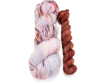 Sock Yarn Set, Hand Dyed, Speckled, Superwash Merino Nylon Fingering Weight 100g and 20g mini, Staple Sock - Pillow Talk and Brick House