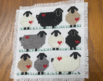 Sheep and Hearts Mini Mug Rug Cross Stitch Pattern