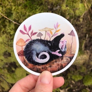 May include: A round sticker featuring a watercolor illustration of a possum curled up in a sleeping position with its eyes closed. The possum is surrounded by mushrooms and leaves in shades of pink, brown, and green. The sticker has a white border and a signature in the bottom right corner.