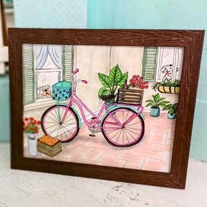 Market Day Bicycle Print: Coastal Wall Art, Pink Bike