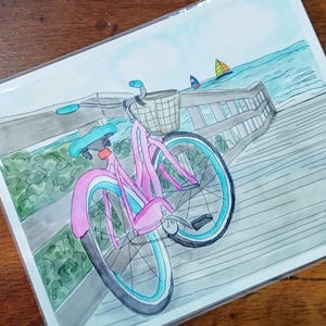 Beach Bike Watercolor Art Print Coastal Wall Decor, Ocean Inspired Original Design