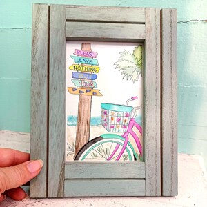 Beach Bicycle Framed Art Print: Coastal Watercolor Illustration, Rustic Wood Frame, Original Design