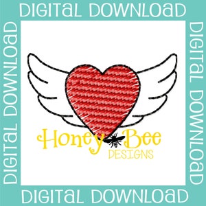May include: Red heart with white wings, a digital embroidery design. The design includes the text "Honey Bee Designs".