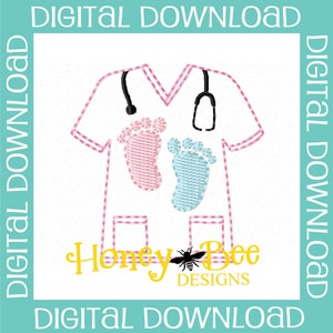 May include: Embroidered design of a pink and blue baby footprint on a white scrubs top with a black stethoscope. The design includes the text "Honey Bee Designs".