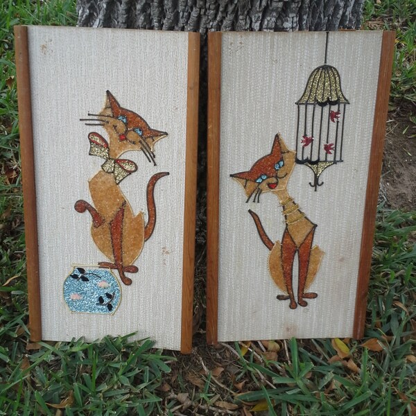 Cute Mid Century Deco Shabby Cubist Cat Fish Bird Folk Art Frames