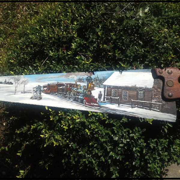 Handpainted Signed Locomotive Train Disston & Sons Folk Art Handsaw Rosalie Rushing