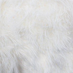May include: White fluffy faux fur fabric with a soft, plush texture.