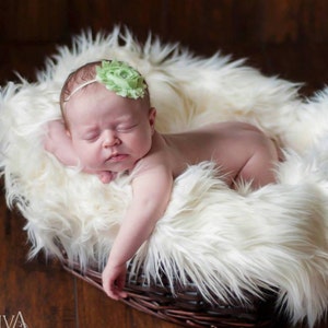 May include: A newborn baby girl sleeping peacefully in a white faux fur basket. She is wearing a green flower headband.