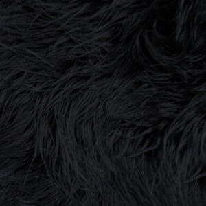 May include: Black faux fur fabric with a soft, fluffy texture. The fur is long and dense, creating a luxurious look and feel.