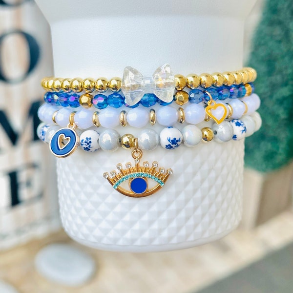 NEW Blue Spring Evil Eye Protection Custom Charm Stack Tumbler Boot Topper Cup Accessories Charm Stacked Bracelet Bead Stretch 4 Pack