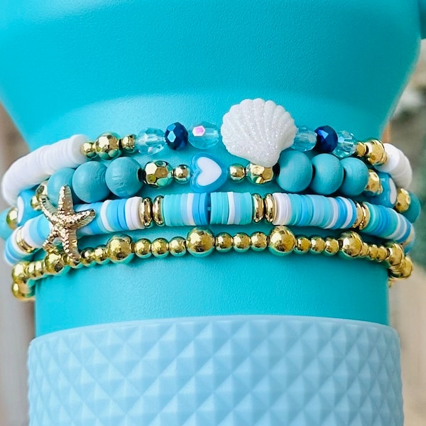 New Aqua Custom Stack Tumbler Boot Topper Cup Accessories Charm Stacked Bracelet Bead Stretch 4 Pack