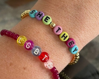 LGBTQ Bracelet, Pronoun Gift, She/Her, He/Him, They/Them,  Pride Jewelry, Letter, Bisexual, Transgender, Gay, Lesbian, Everyone is Welcome