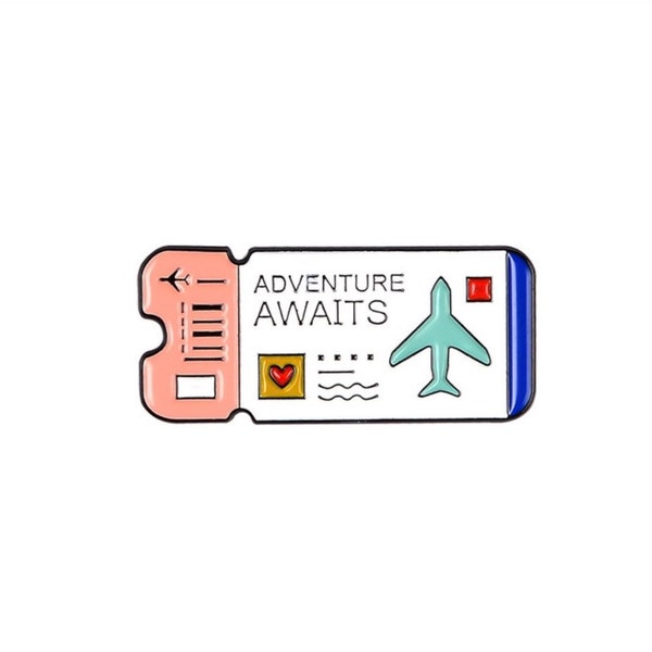 Adventure Awaits Enamel Pin, Plane Ticket Lapel Pin, Nomad Pin, World Traveller Metal Pin, Travel Bug Pin, Pinback Accessory