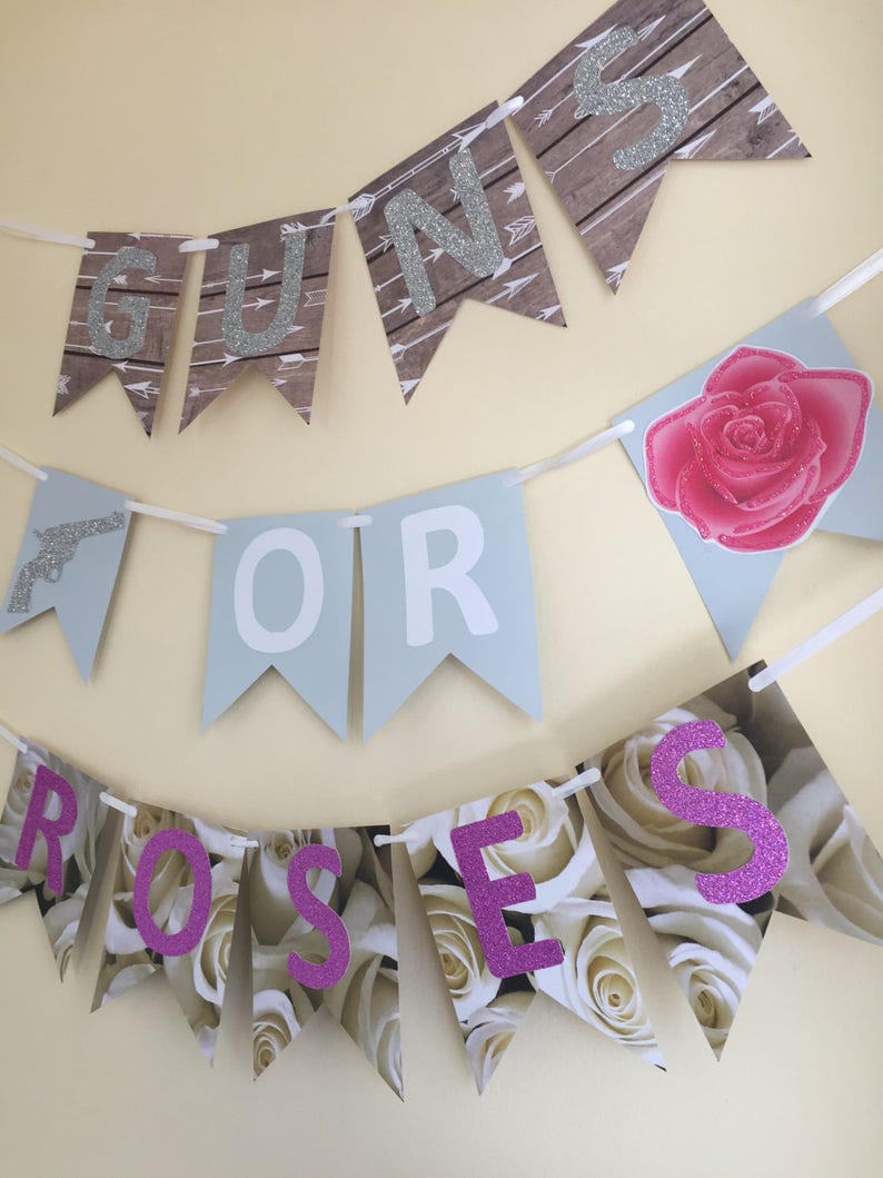 Wonmelody Guns Or Roses Gender Reveal Decorations Kit - Balloons, Banner, Cards, Confetti, For Boy/Girl Baby Shower