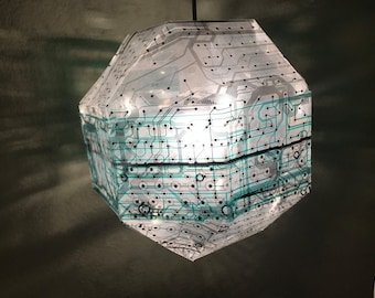 circuitry pendant lamp, made of upcycled and recycled computer keyboards, cast shadows, hanging light, science fiction lamp, nerd lamp,