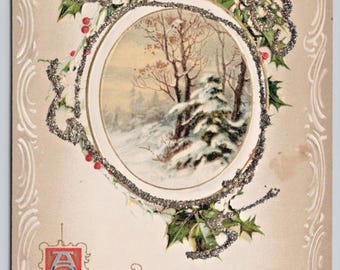 Vintage John Winsch 1911 Embossed New Year Postcard Winter Snow Scene Holly Berries Antique Holiday Ephemera Tree Forest Woods German