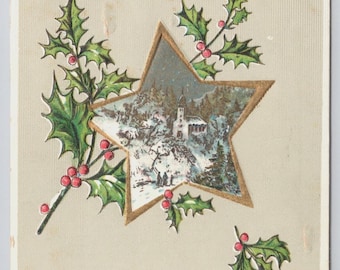 Antique Christmas Postcard Winter Scene Holly Berries Gilt Star Snow Church Embossed "A Merry Christmas" Edwardian Era Holiday Ephemera 1910