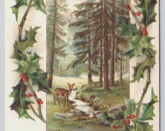 Vintage Deer Christmas Postcard Embossed Holly Berry Border Antique Holiday Ephemera Forest Winter Pine Trees Stream 1912 Collectible