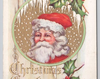 Antique Santa Claus Christmas Greeting Postcard Holly Berry Snow Victorian 1909 Embossed Gilded Victorian Edwardian Era Holiday Ephemera