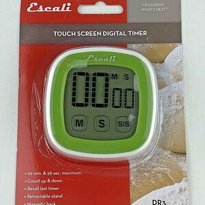 May include: An Escali touch screen digital timer with a bright green frame and a clear LCD display showing 00:00. The device features M, S, and S/S buttons, and is packaged on a red and grey card labeled with product details and the model name DR3.