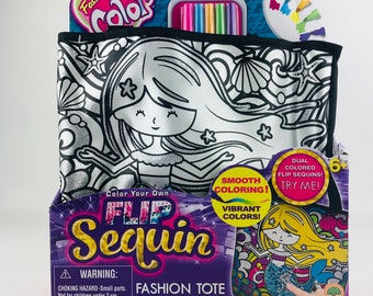 Color Your Own Mermaid Flip Sequin Fashion Tote with 5 Permanent Markers NEW Toy