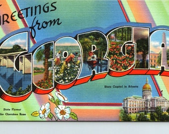 Greetings from Georgia Large Letters Scenic Cotton River Vintage Linen Postcard