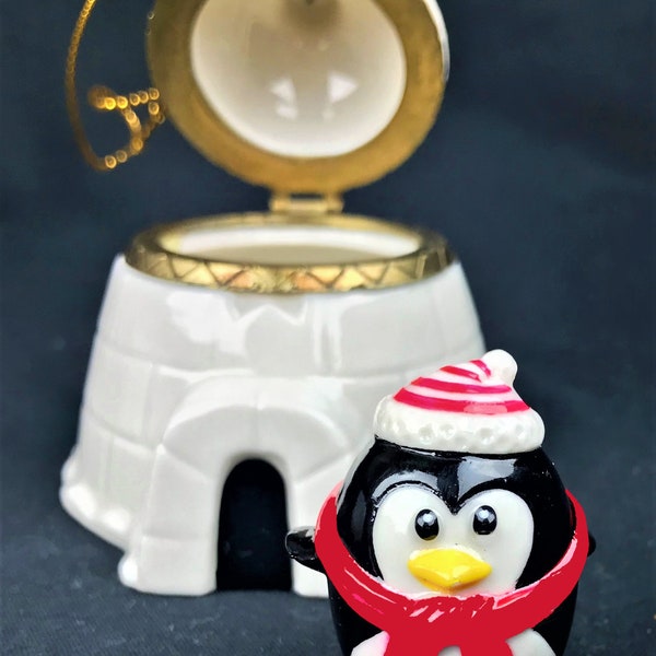 Igloo with Penguin Porcelain Hinged Trinket Box Surprise Secret Compartment Christmas Ornament