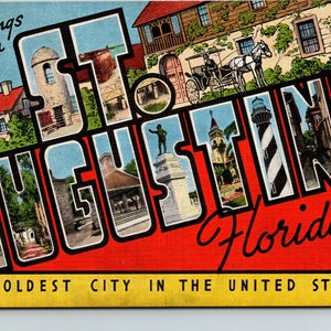 May include: A vintage postcard featuring a red background with the words "Greetings from St. Augustine, Florida" in large, black letters. The letters are filled with images of various landmarks and scenes from the city, including a lighthouse, a horse-drawn carriage, and a historic building. The text "THE OLDEST CITY IN THE UNITED STATES" is printed in yellow at the bottom.