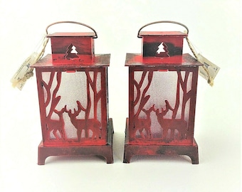 Set 2 Red Deer Cutout Lantern Christmas Ornaments Rustic Primitive Deer Woods