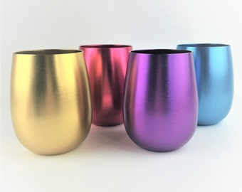 Retro Aluminum Stemless Wine Glasses - Set 4 Unbreakable Metal Cups 19 oz Each, Mid Century Modern
