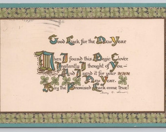 Vintage Embossed New Year Postcard "Magic Clover" Good Luck Poem 1913 Ephemera Four Leaf Clover Shamrock  Ernest Nister Signed by Mary C Low