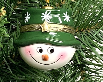 Snowman Green Hat Porcelain Hinged Gift Trinket Christmas Ornament Surprise Box Fill with Gift, Money, Jewelry, Engagement Ring