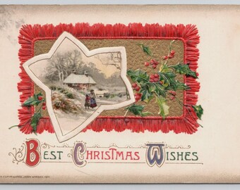Antique John Winsch 1911 Embossed Christmas Holiday Postcard Winter Scene Holly Berries Victorian Ephemera Snow Women People Dress House