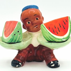 Vintage Watermelon Fruit Vendor Ceramic Salt Pepper Shaker Kitsch Mid Century MCM Japan Retro Kitchen Americana