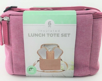 Pink Insulated Soft Cooler Lunch Tote Bag 6pc Set Ice Pack Containers Adj Strap