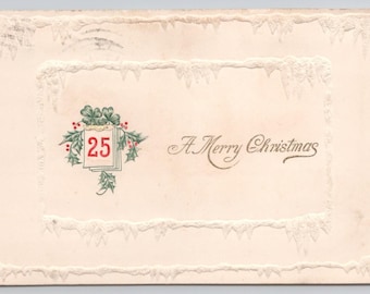 Vintage TIC Illingworth "A Merry Christmas" Postcard, Embossed Holly December 25 Antique Holiday Icicle Border 1913 Ephemera Shamrock Clover