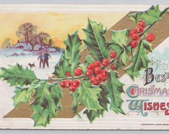 Vintage John Winsch Christmas Holiday Postcard 1910 Embossed Holly Berries Antique Winter Scene Children Dog Snow People Ice Skating House