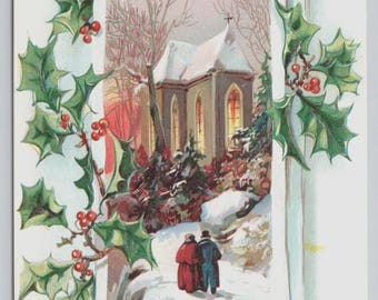 Antique Christmas Postcard Embossed Holly Berries Snow Church Winter Scene "A Merry Christmas to You" Raphael Tuck Sons Holiday  c1900